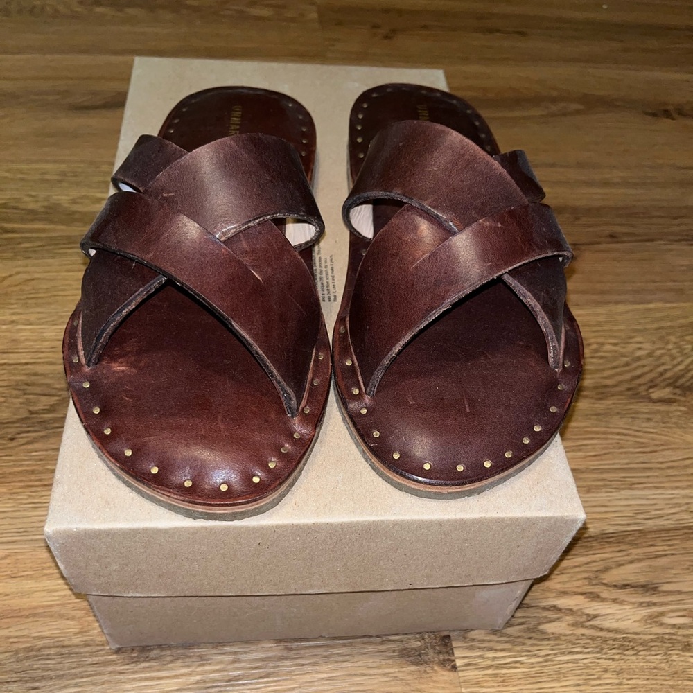 Unmarked Leather Slides US 11.5/UK 10.5 CM 29.5 Mahogany Made In Mexico